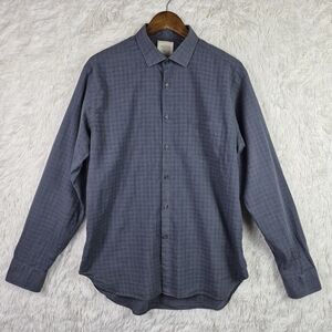 Billy Reid Mens L Standard Navy Blue Gingham Long Sleeve Button Up Made In Italy